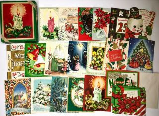 Box Of 21 Vintage Christmas Cards Candle Glow Glitter Foil