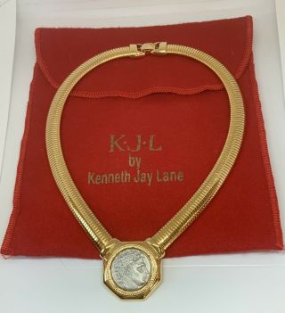 Vintage Kenneth Jay Lane Kjl Roman Coin Gold Omega Chain Choker Necklace Bag