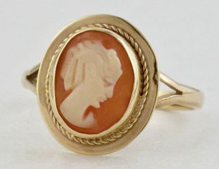 Vintage 14k Yellow Gold Oval Carved Shell Cameo Ring Woman Profile Size 5 3/4