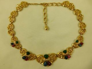 Vintage Signed Trifari Tm Multi Color Stones Rhinestones Collar Necklace