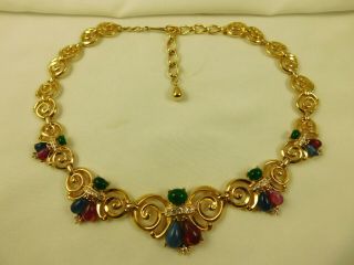 Vintage Signed Trifari TM Multi Color Stones Rhinestones Collar Necklace 2