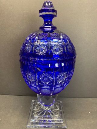 Vtg Cobalt Blue Czech Bohemian Lead Crystal Cut To Clear Heavy Bowl W/ Lid 14 "