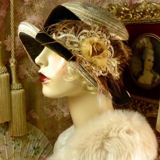 1920 ' S VINTAGE STYLE BROWN & GOLD MINK ROSE VELVET FEATHER CLOCHE FLAPPER HAT 2