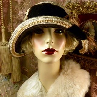 1920 ' S VINTAGE STYLE BROWN & GOLD MINK ROSE VELVET FEATHER CLOCHE FLAPPER HAT 3