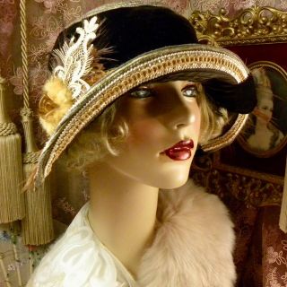 1920 ' S VINTAGE STYLE BROWN & GOLD MINK ROSE VELVET FEATHER CLOCHE FLAPPER HAT 4