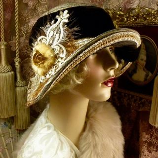 1920 ' S VINTAGE STYLE BROWN & GOLD MINK ROSE VELVET FEATHER CLOCHE FLAPPER HAT 5