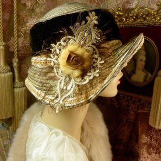 1920 ' S VINTAGE STYLE BROWN & GOLD MINK ROSE VELVET FEATHER CLOCHE FLAPPER HAT 6