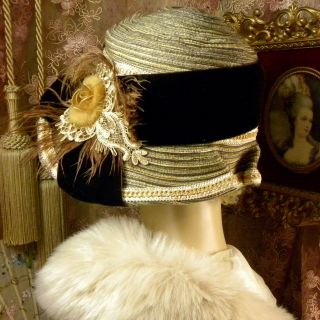 1920 ' S VINTAGE STYLE BROWN & GOLD MINK ROSE VELVET FEATHER CLOCHE FLAPPER HAT 8