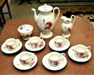 Vintage Meissen Porcelain Pink Rose Chocolate / Coffee Set Porzellan 9pc Service