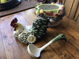 VINTAGE FITZ & FLOYD CHICKEN HEN & CHICKS TUREEN & LADLE ROOSTER BLACK & WHITE 7