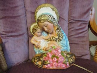 Vintage 1968 Chalkware Statue Tv Lamp Mary,  Baby Jesus Religious 12 " T X 9 1/2 " W