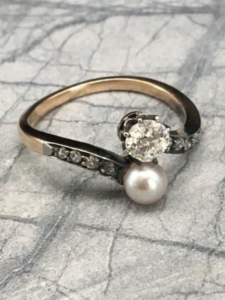 Antique 14k White & Yellow Gold Toi Et Moi Pearl And Diamond Ring Size 6
