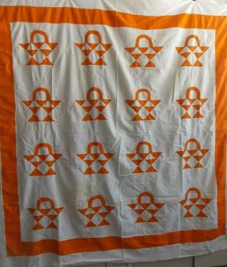 Vintage Quilt Top Project Piece 73 " X 79 " White With Orange Basket Pattern