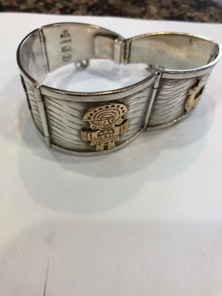 Vintage Peruvian Hinged Sterling Silver 18k Gold Inca Llama Accents Bracelet Euc