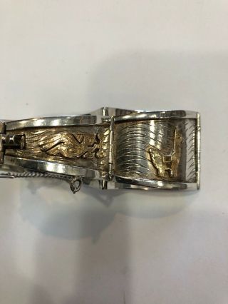 Vintage Peruvian Hinged Sterling Silver 18K Gold Inca Llama Accents Bracelet EUC 4