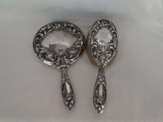 Antique Sterling Silver R.  W.  & S. ,  Pat 1900,  Hand Held Art Nouveau Brush& Mirror