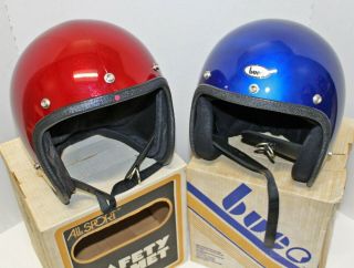 (2) Vintage 70s Era Buco All Sport Motorcycle Helmets Red Glitter Candy Blue Nib