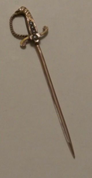 Rare Antique Victorian Solid 14K Gold Sword Pearl Eagle Head Toothpick Stick Pin 2