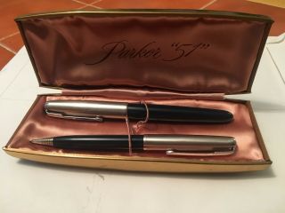 Vintage Parker 51 Fountain Pen & Pencil Set With Case - Scarce Navy Blue Color