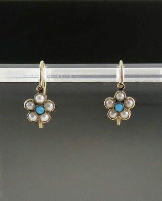 Antique C1900 14k Yellow Gold Natural Seed Pearl & Glass Bead Flower Earrings