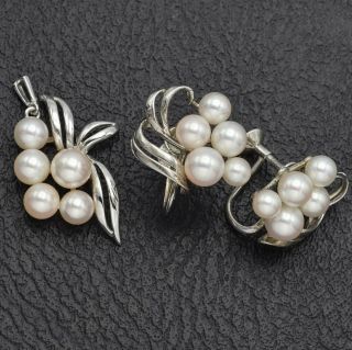 Vintage Mikimoto Sterling Silver Sea Pearl Pendant & Earrings Set Of 2 7.  3 G