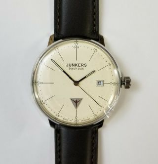 Junkers Bauhaus Quartz Watch 6070 - 5,  Beige Dial,  40mm,  Brown Leather Strap