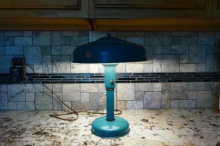 Vtg Grey Metal Industrial Flying Saucer Ufo Desk Table Lamp Military Aircraft