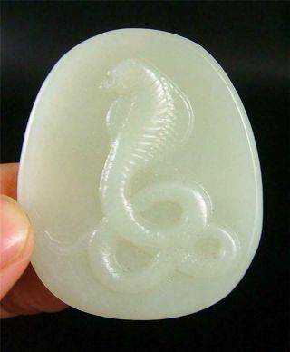 Old Chinese Nephrite Celadon Jade Carved Pendant Netsuke Toggle Snake Zodiac