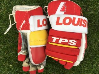 Vintage Louisville Tps Hockey Gloves - Leather - Calgary Flames Retro Colors Nhl
