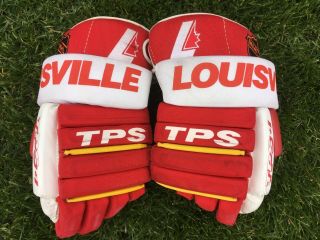 vintage LOUISVILLE TPS hockey gloves - leather - Calgary Flames retro colors NHL 2