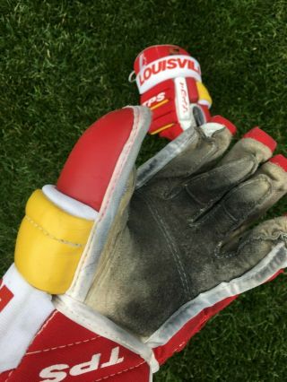 vintage LOUISVILLE TPS hockey gloves - leather - Calgary Flames retro colors NHL 6