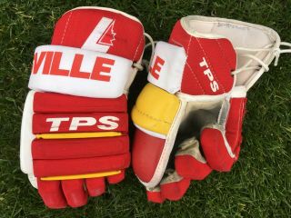 vintage LOUISVILLE TPS hockey gloves - leather - Calgary Flames retro colors NHL 7