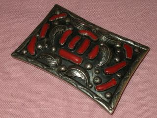 Vintage Native American Indian Sterling Silver Old Pawn Red Coral Belt Buckle