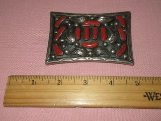 Vintage Native American Indian Sterling Silver Old Pawn Red Coral Belt Buckle 2
