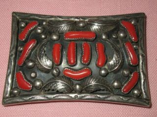 Vintage Native American Indian Sterling Silver Old Pawn Red Coral Belt Buckle 3
