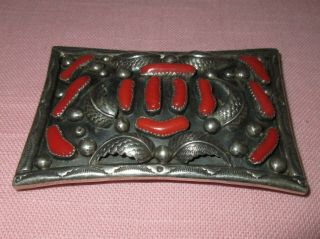 Vintage Native American Indian Sterling Silver Old Pawn Red Coral Belt Buckle 4