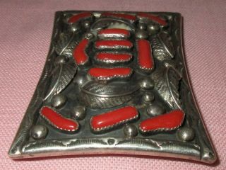 Vintage Native American Indian Sterling Silver Old Pawn Red Coral Belt Buckle 5