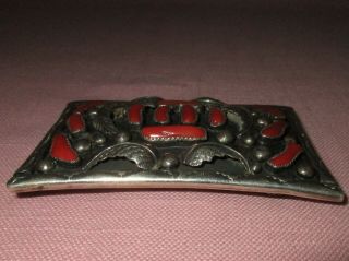 Vintage Native American Indian Sterling Silver Old Pawn Red Coral Belt Buckle 6