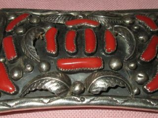 Vintage Native American Indian Sterling Silver Old Pawn Red Coral Belt Buckle 7