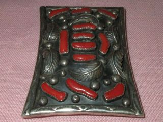 Vintage Native American Indian Sterling Silver Old Pawn Red Coral Belt Buckle 8