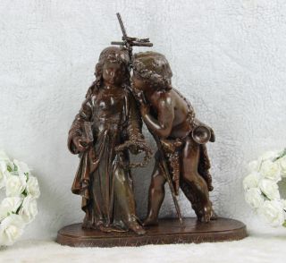 Antique Religious Spelter Bronze Jesus John Baptist Statue Group 1930