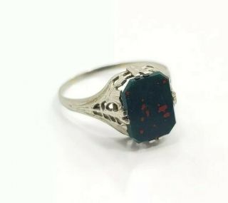 Vintage Antique Art Deco 10k White Gold Filigree Bloodstone Ladies Ring Size 8