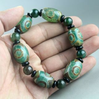 Exquisite China Old Jade Hand - Carved Three Sky Eyes Agate Beads Bracelets 0641