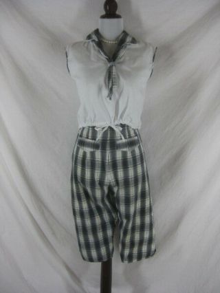 Vtg 50s 60s White Black Plaid Womens Vintage 2pc Capri Cigarette Pants Outfit