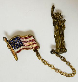 Wwii Statue Of Liberty Flag Pin W/chain Home Front Sweetheart Victory Vtg