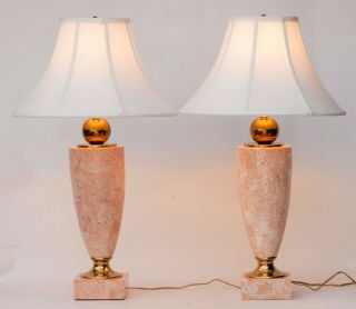 Gorgeous Vintage Pink Stone And Brass Tessellated Table Lamps