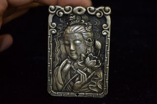 Chinese Old Tibet Silver Carve Kwan - Yin Lotus Amulet Woman Pendant Collectible