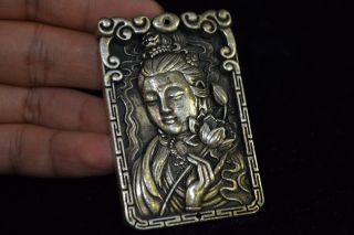 chinese Old tibet Silver carve kwan - yin lotus amulet woman pendant Collectible 2