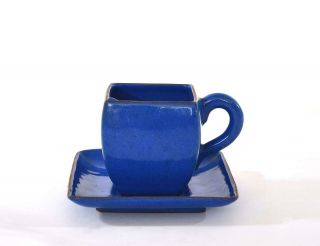 Vintage Chinese Blue Enamel Yixing Zisha Pottery Tea Cup & Saucer