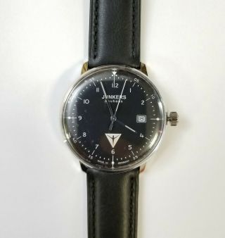 Junkers Bauhaus Quartz Watch 6046 - 2,  Black Dial,  40mm,  Black Leather Strap